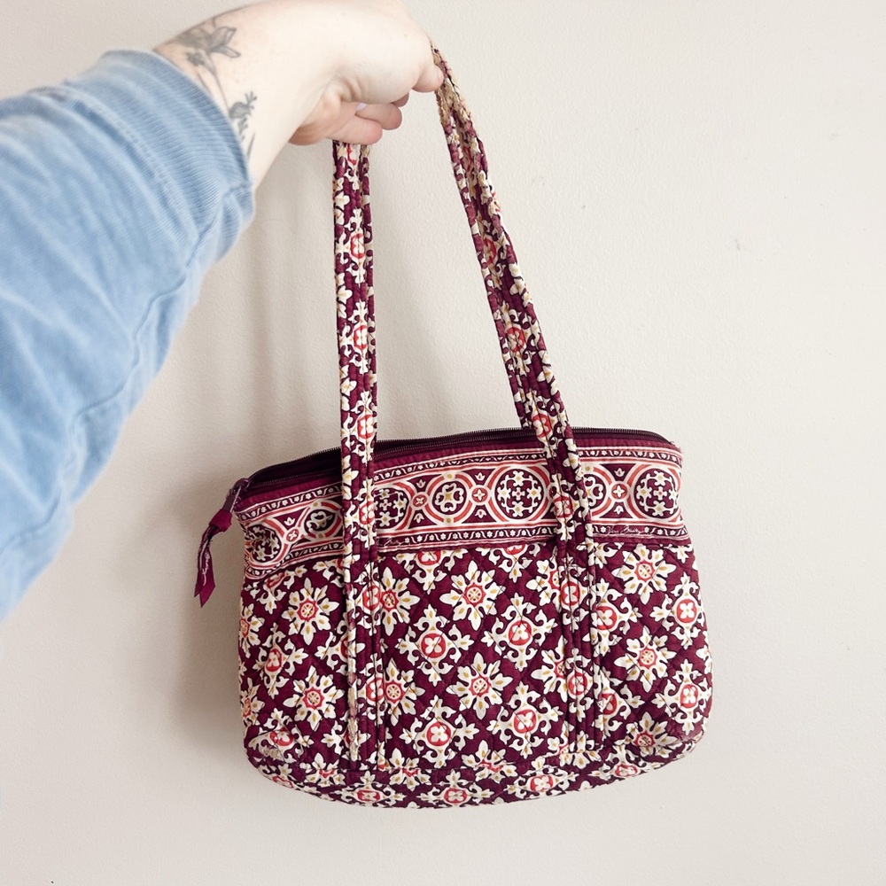 Retired Vera Bradley Floral Patterned Tote Bag - Burgundy and Cream